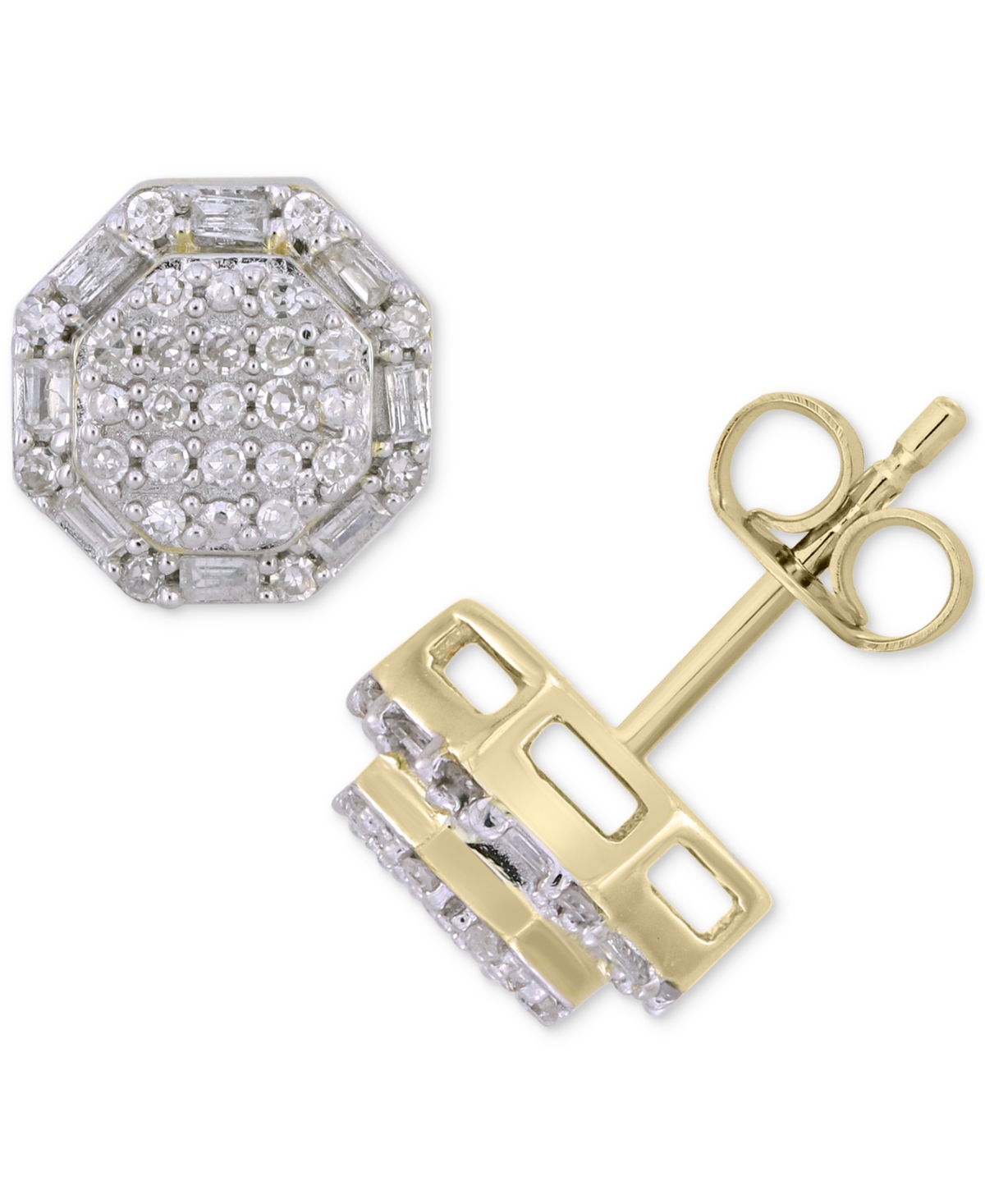 Macy's Men's Diamond Round & Baguette Hexagon Cluster Stud Earrings (1/4 Ct. T.w.) In 10k Gold In Yellow Gold