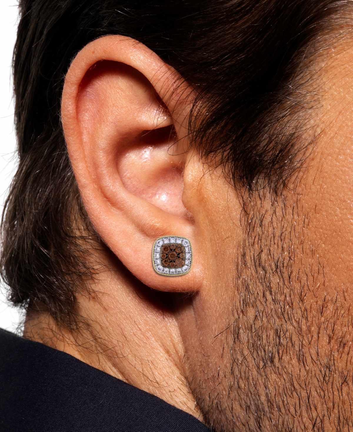 Men's Brown Diamond & White Diamond Square Halo Cluster Stud Earrings (1 ct. t.w.) in 10k Gold