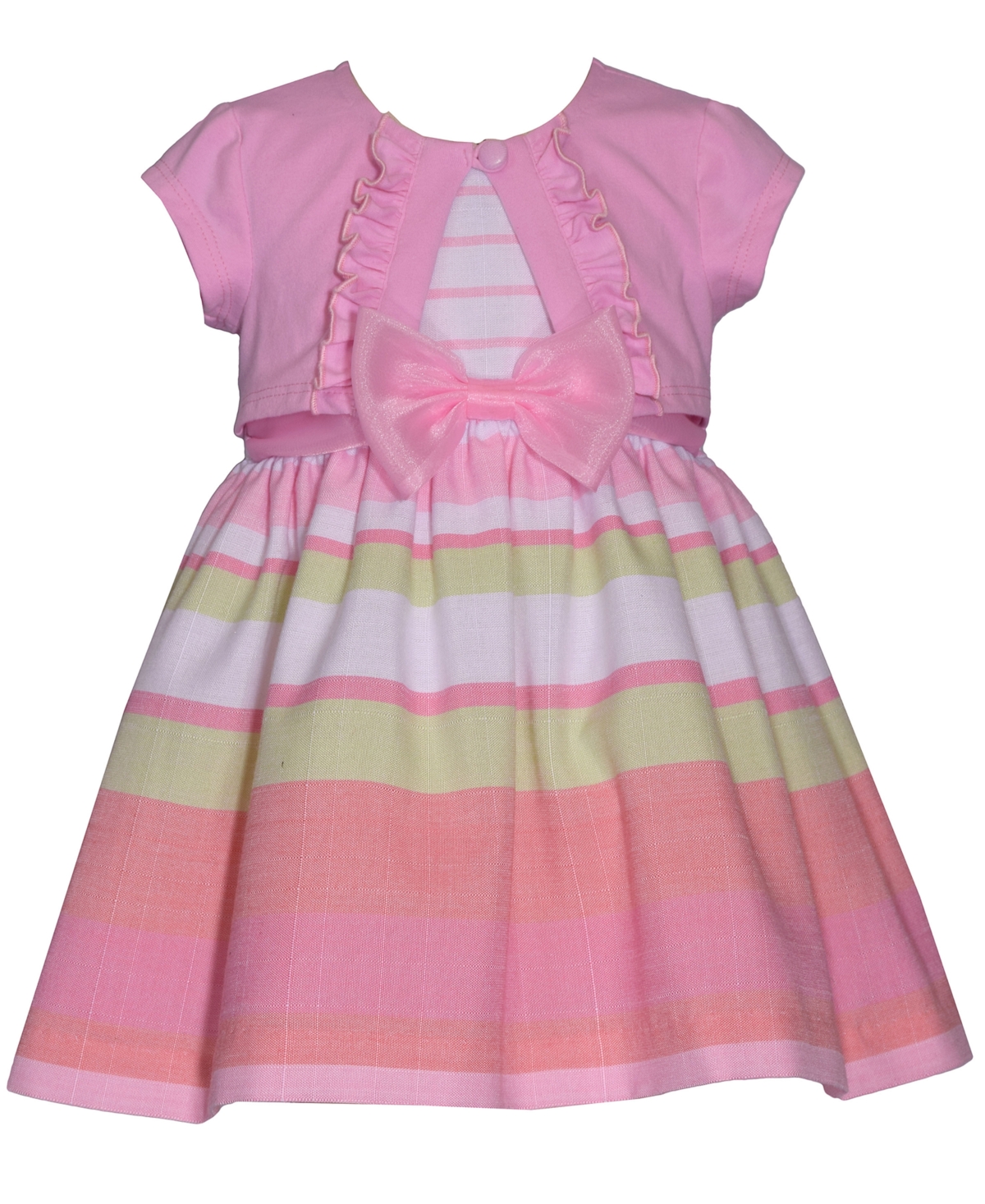 Shop Bonnie Baby Baby Girls Short Sleeved Knit Cardigan And Striped Dress With Bow In Pink