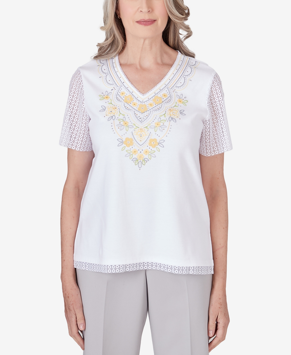 Shop Alfred Dunner Petite Charleston Embroidered Cut Out Sleeve Top In White