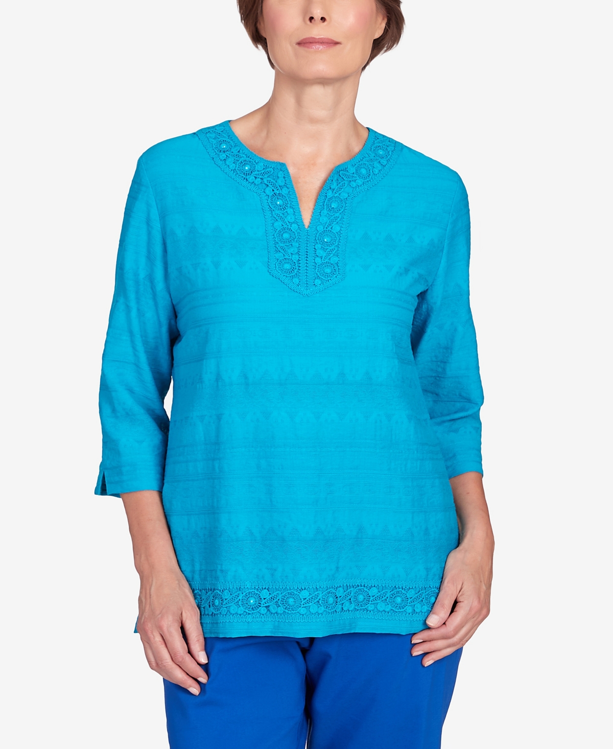 Shop Alfred Dunner Petite Tradewinds Lace Texture Notched Top In Teal