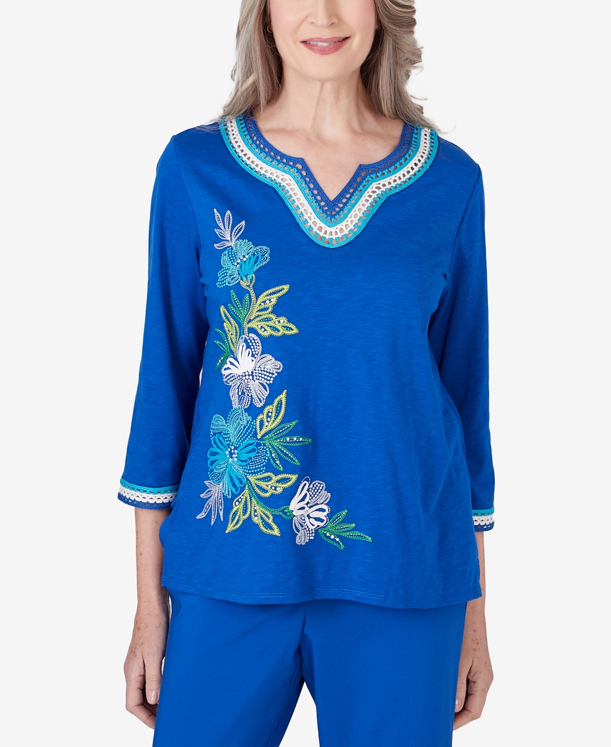 Shop Alfred Dunner Petite Tradewinds Asymmetric Flower Crochet Trim Top In Cobalt Blue