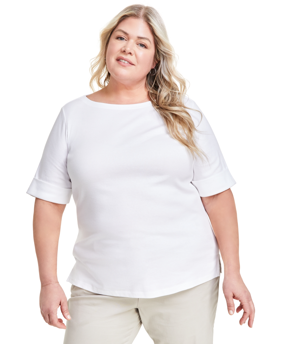 Style & Co Plus Size Boat-neck Elbow Sleeve Cotton Top, Exclusively At Macy's In Bright White