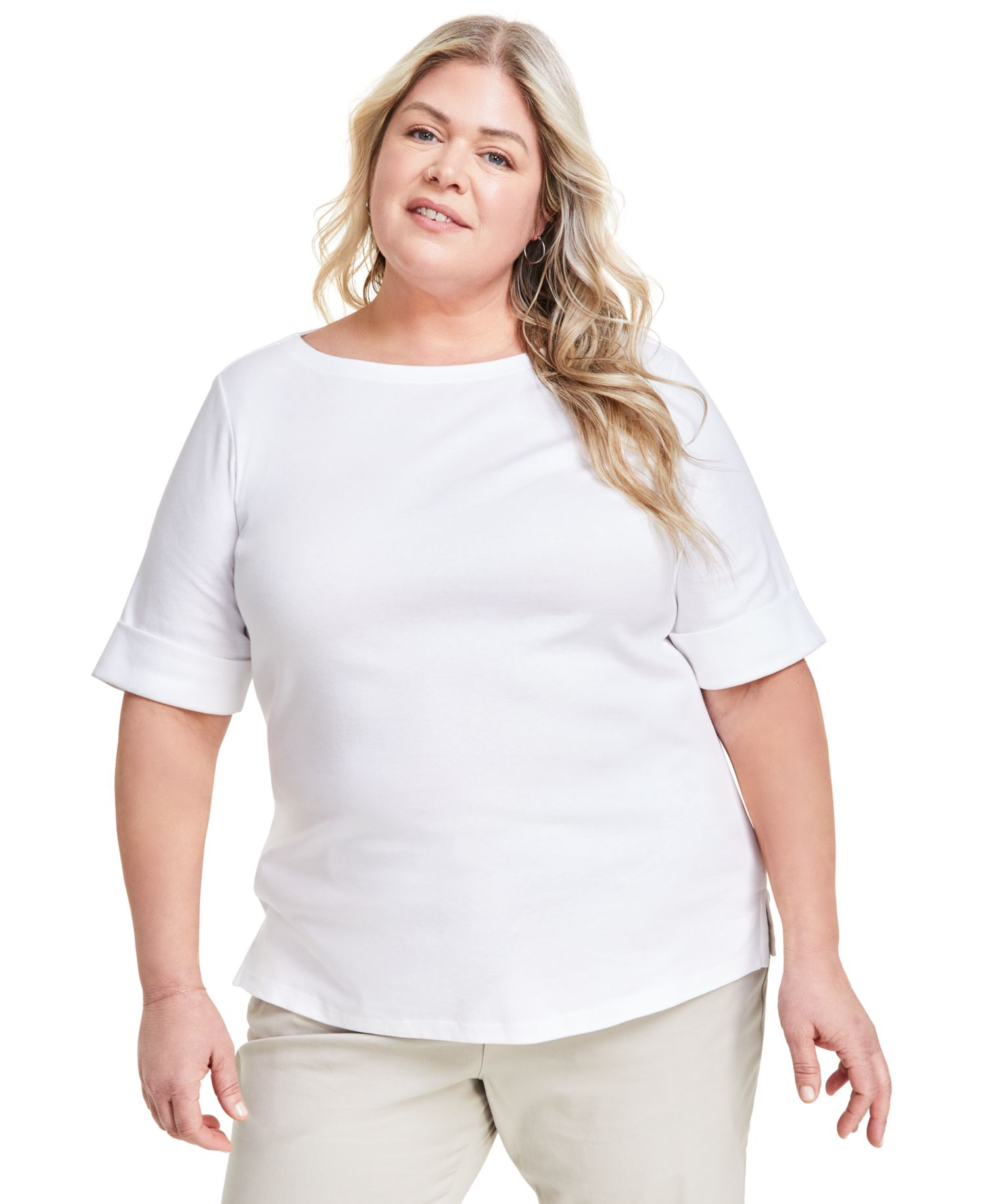Plus Size Boat-Neck Elbow-Sleeve Top