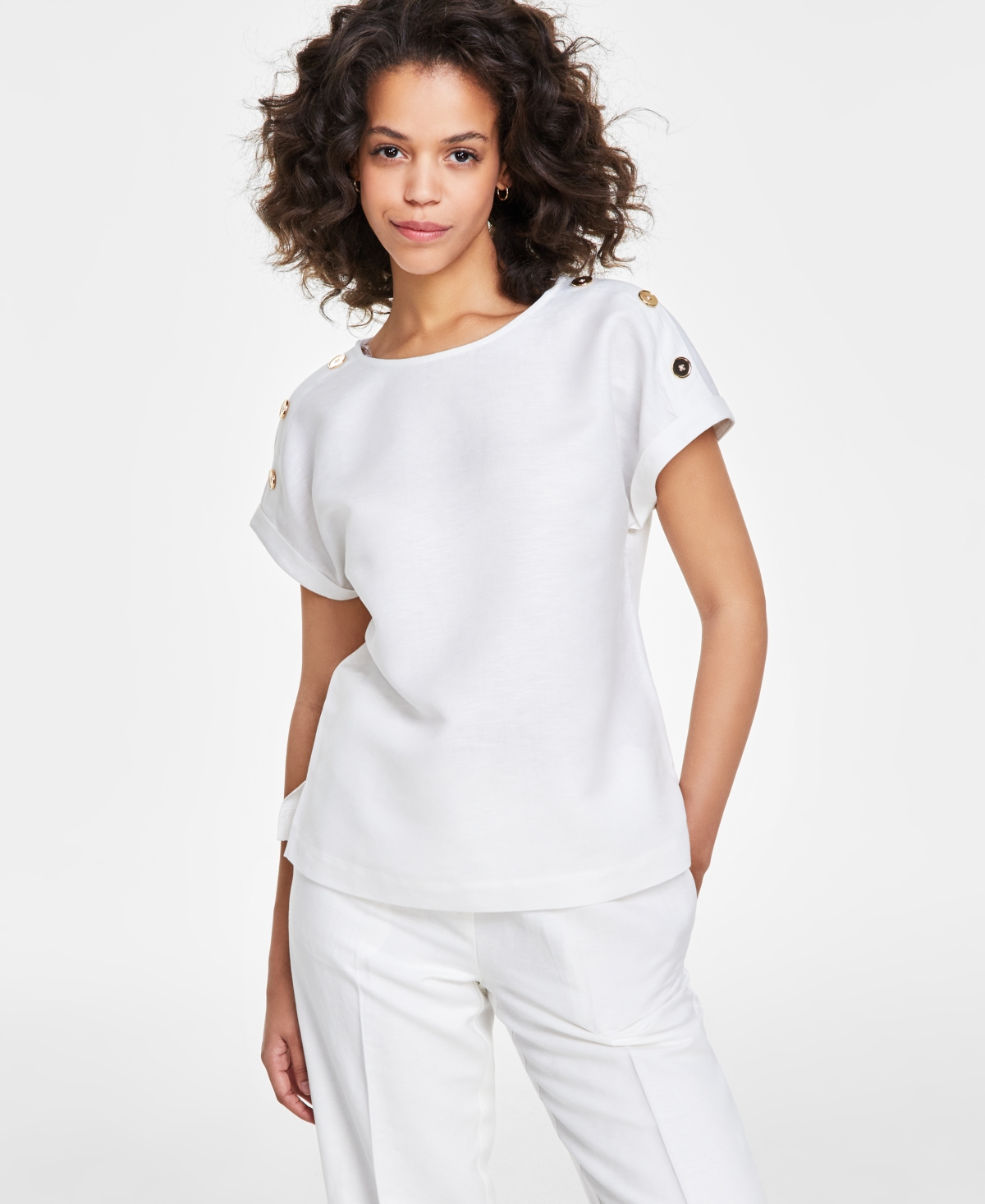 Shop Anne Klein Women's Linen-blend Button-shoulder Short-sleeve Top, Regular & Petite In Bright White