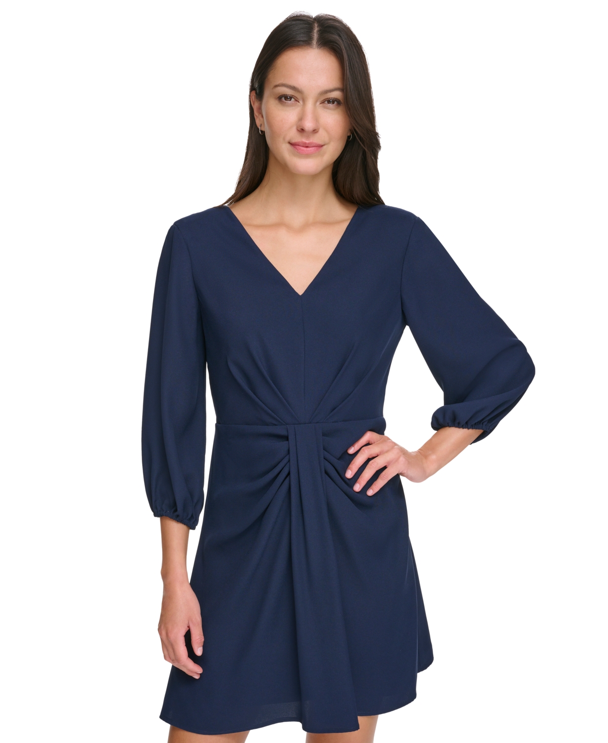 Shop Dkny Women's Balloon-sleeve Twist-front V-neck Dress In Navy