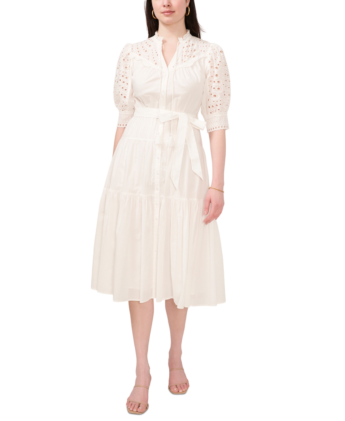 Women's Cotton Eyelet Puff-Sleeve Midi Dress - New Ivory
