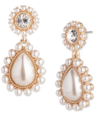 Marchesa - Gold-Tone Crystal & Imitation Pearl Flower Drop Earrings
