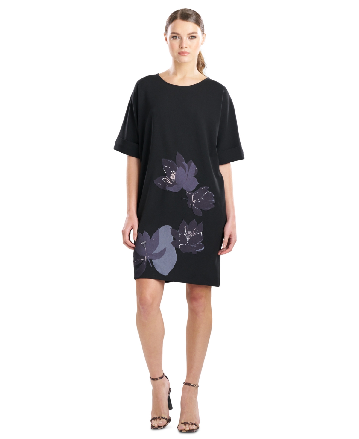 Women's Floral Round-Neck Short-Sleeve Dress - Black