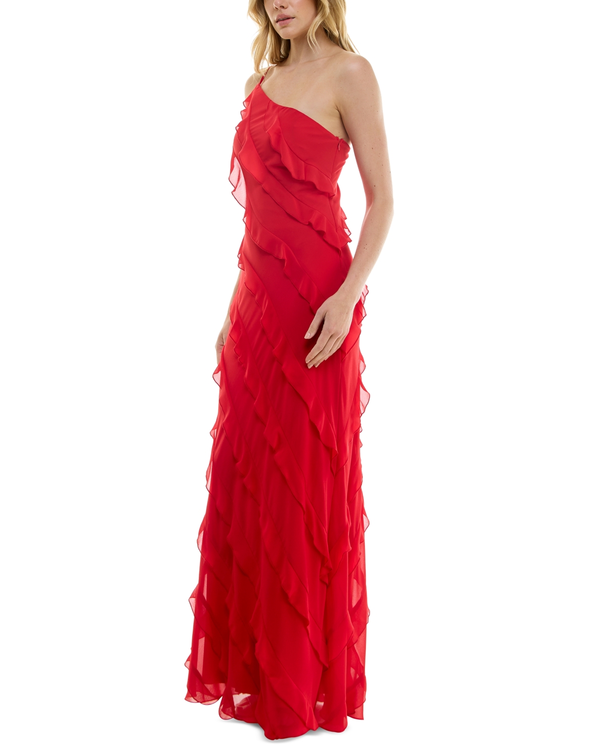 Shop B Darlin Juniors' Tiered Ruffled One-shoulder Gown In Red