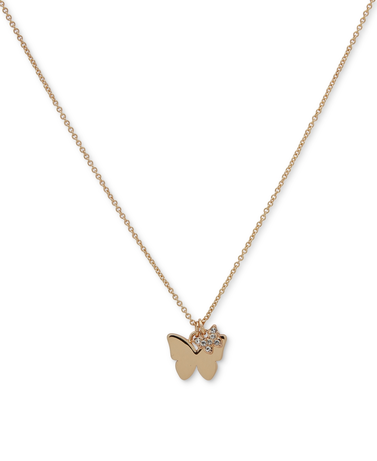 Gold-Tone Pave Butterfly Pendant Necklace, 16" + 3" extender - Crystal Wh