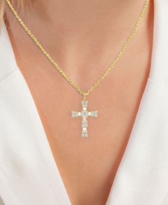 Cubic Zirconia Round & Baguette Cross 18" Pendant Necklace in 10k Gold