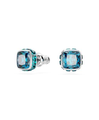 Rhodium Plated Square Cut Color Birthstone Stud Earrings