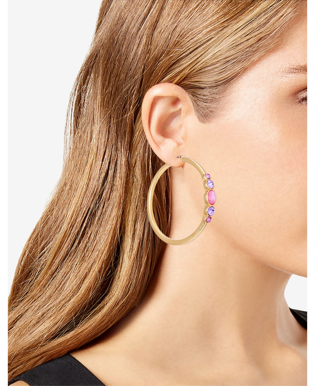 Shop T Tahari Gold-tone Lilac Violet Glass Stone Hoop Earrings