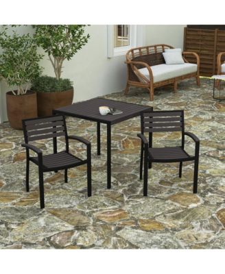 Set Of Two Aluminum Stacking Chairs With Faux Teak Slatted Back And Seat And Faux Teak Accented Arms