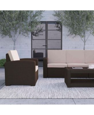 Errol 5 Piece Faux Rattan Patio Set - 2 Chairs And Sofa With Removable Cushions, Coffee Table And End Table