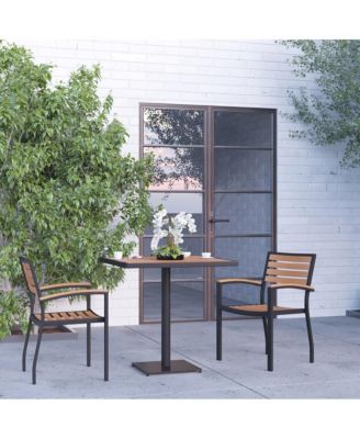 Set Of Two Aluminum Stacking Chairs With Faux Teak Slatted Back And Seat And Faux Teak Accented Arms