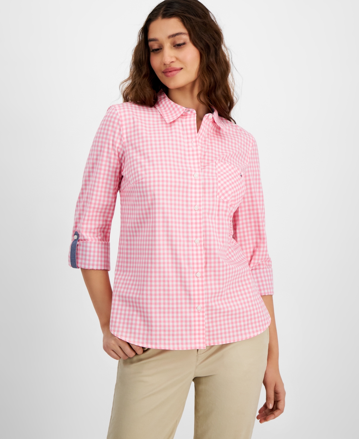 Tommy Hilfiger Women's Cotton Gingham Roll-tab Shirt In Peony,wht