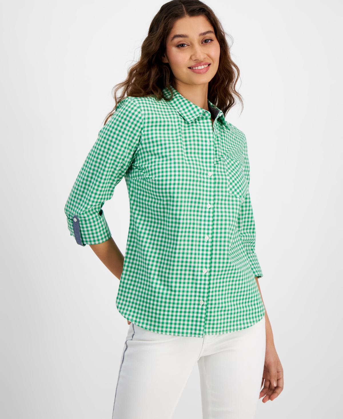 Tommy Hilfiger Women's Cotton Gingham Roll-tab Shirt In Fern Multi