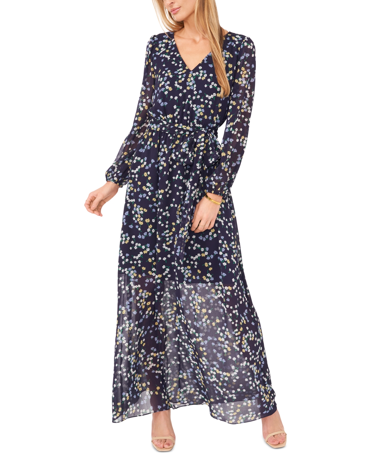 Women's Floral Print Blouson-Sleeve Maxi Dress - Classic Navy