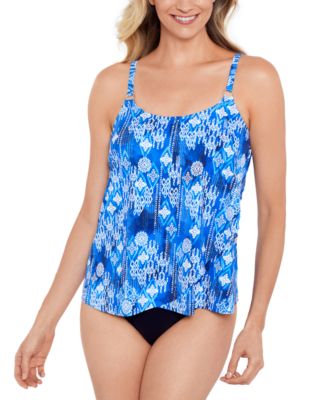 Shop Swim Solutions Womens Printed Overlay Tankini Top Mid Rise Bikini Bottoms In Blue