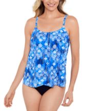 SWIM SOLUTIONS Women's Blue Patterned Stretch Tummy Control Lined Tiered  Adjustable Fixed Cups Scoop Neck One Piece Swimsuit 14 