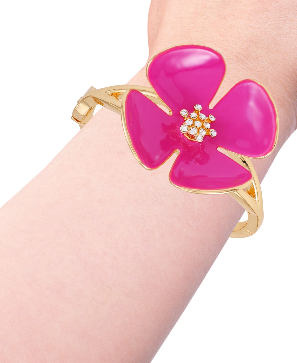 Shop Guess Gold-tone Pink Flower Hinge Bracelet