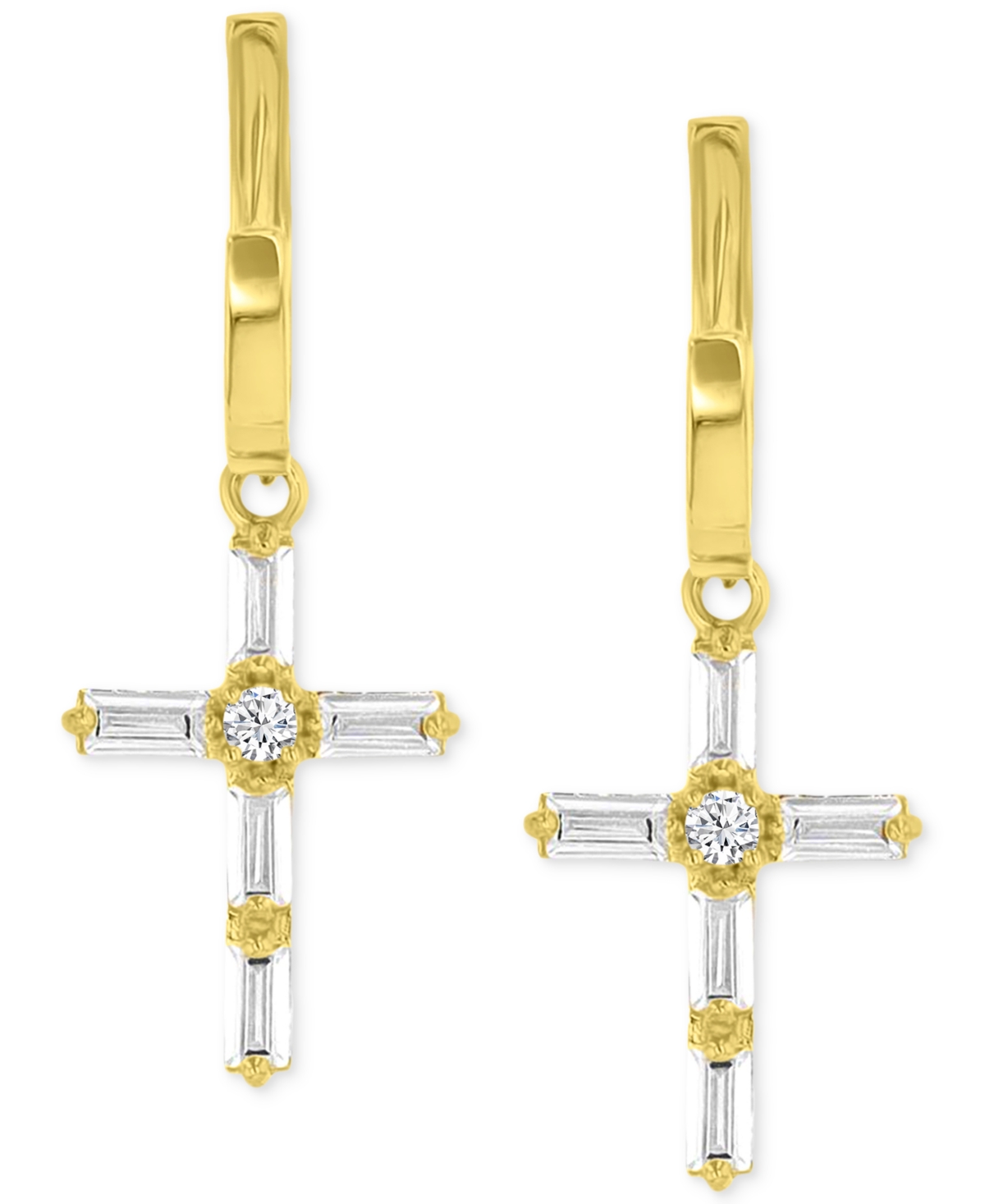 Cubic Zirconia Round & Baguette Cross Dangle Hoop Drop Earrings in 14K- Gold