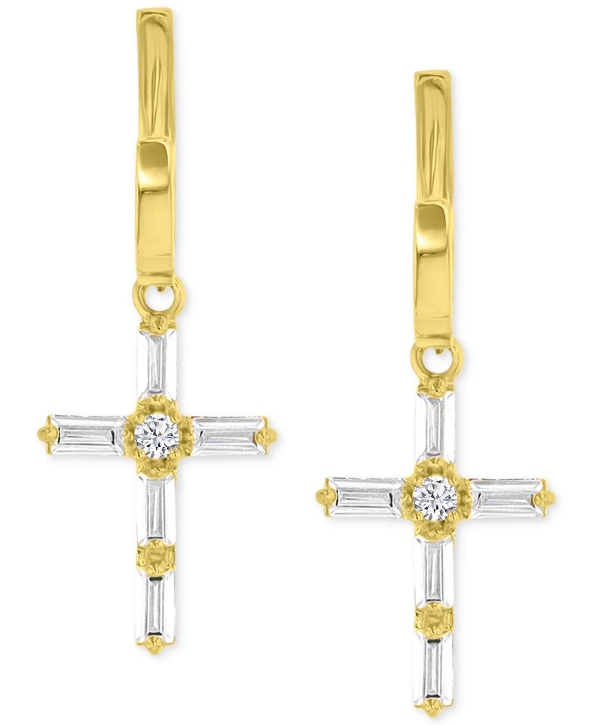 Shop Macy's Cubic Zirconia Round & Baguette Cross Dangle Hoop Drop Earrings In 14k Gold