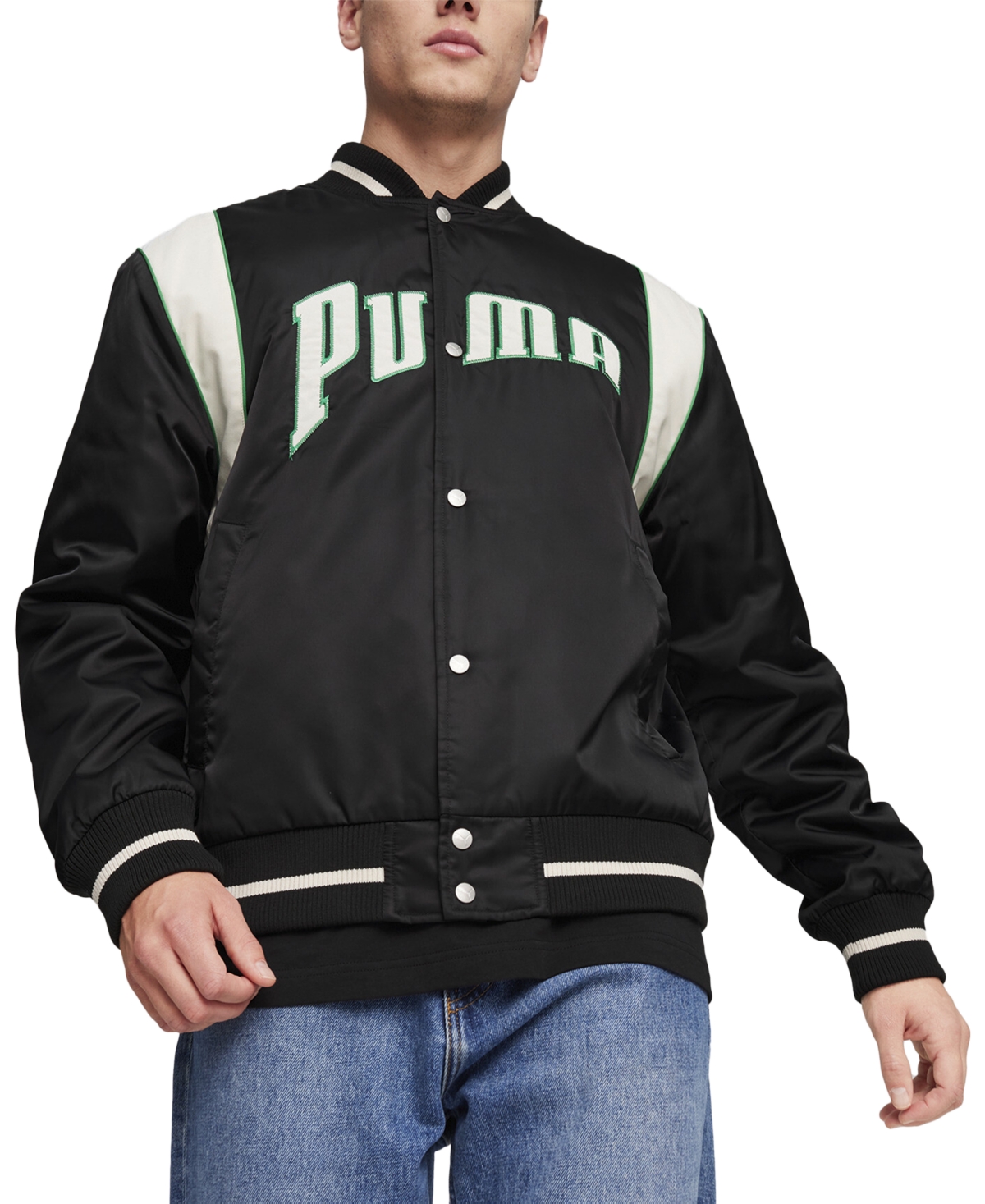 Puma Men's Team Colorblocked Satin Varsity Jacket In  Black-aop