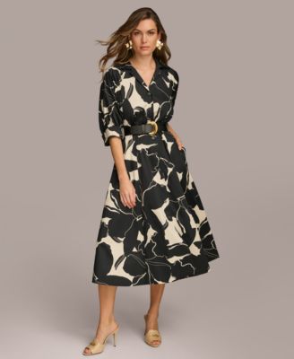 Women's Printed Faux-Leather Belt Midi Shirtdress