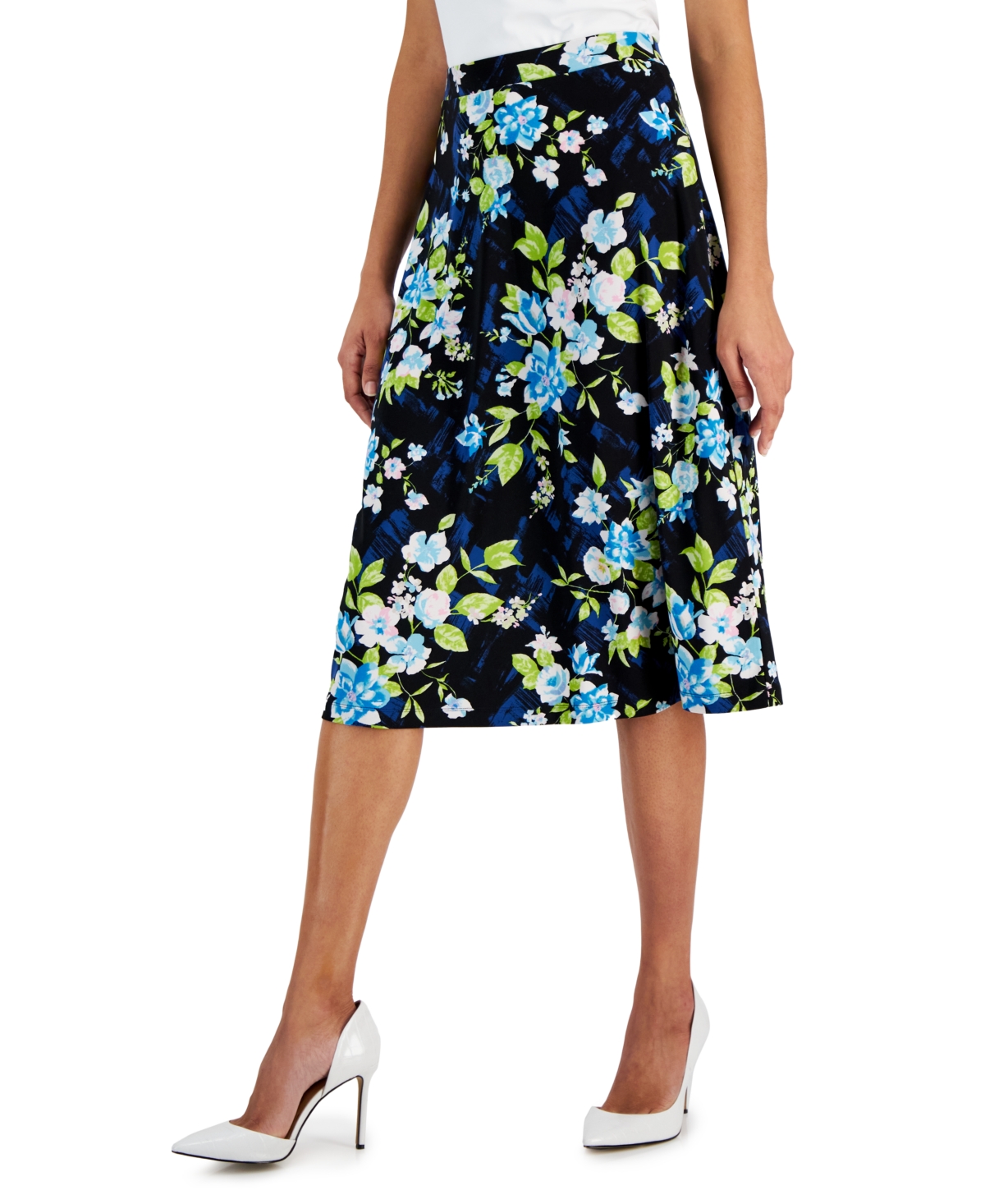 Kasper Petite Floral Flared Pull-on Midi Skirt In Black,light Azure
