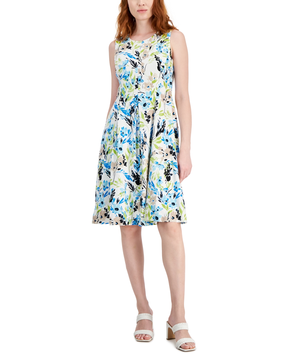 Shop Kasper Women's Linen-blend Printed Sleeveless Flared-skirt Dress In Lily White,light Azure