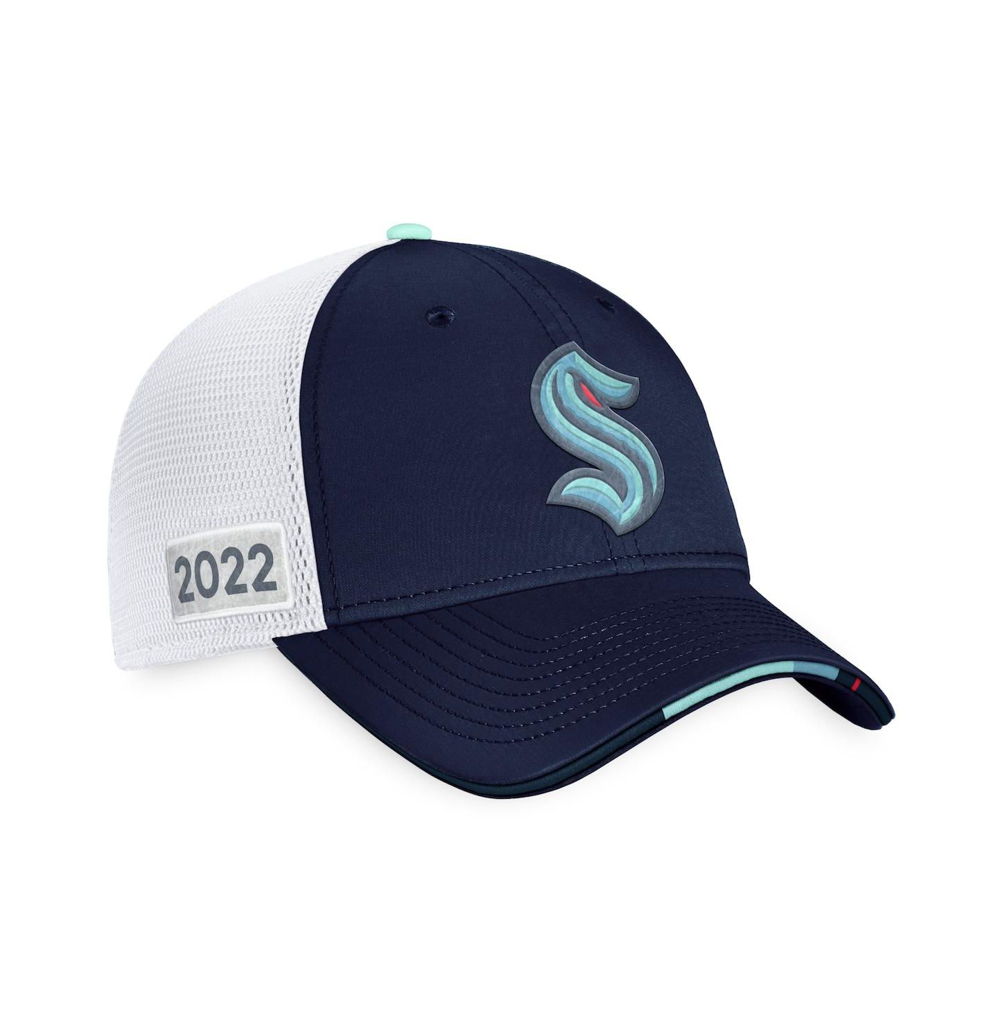 Мужская кепка Fanatics Navy, White Seattle Kraken 2022 NHL Draft Authentic Pro On Stage Trucker Adjustable Hat — фото 1