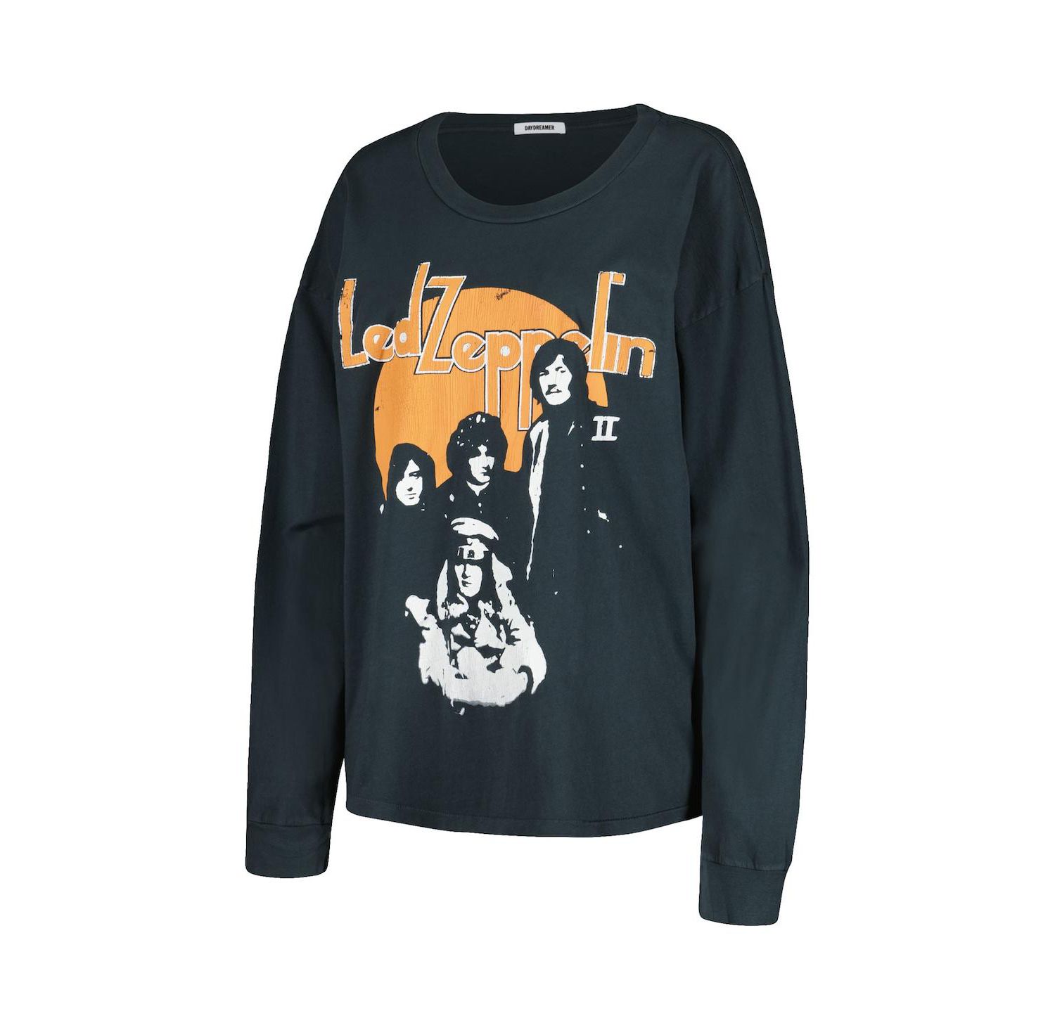 Women's Black Distressed Led Zeppelin Portrait Merch Long Sleeve T-shirt