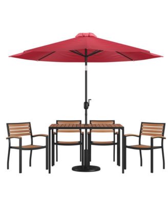 Chara 7 Piece Dining Set With Umbrella & Base - Steel Framed Table With Umbrella Hole & 4 Club Chairs