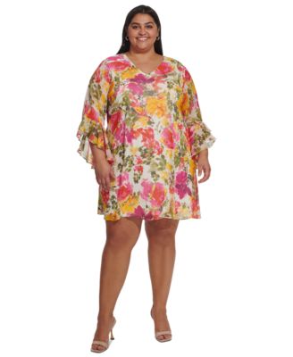 Calvin Klein Plus Size Printed V Neck Bell Sleeve Shift Dress Macy s