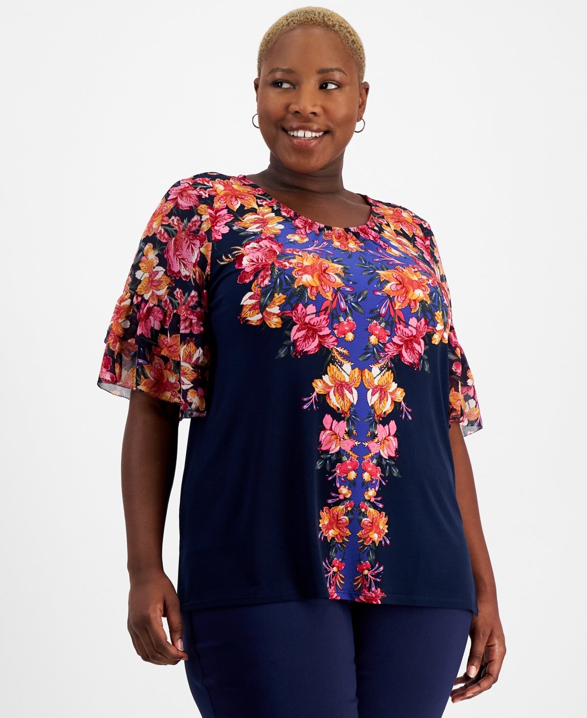 Plus Size Arianna Trail Chiffon-Sleeve Top, Created for Macy's - Intrepid Blue Combo