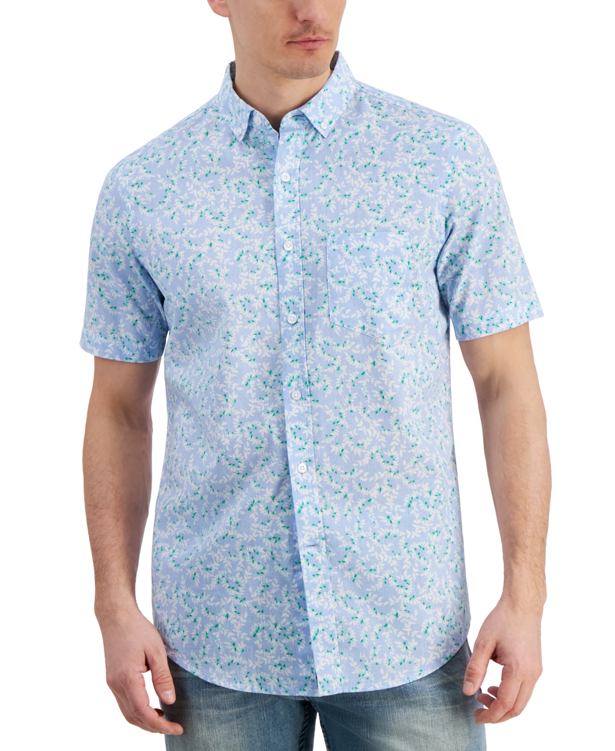 Men's Vine Patterned Short-Sleeve Shirt, Created for Macy's - Pale Ink Blue