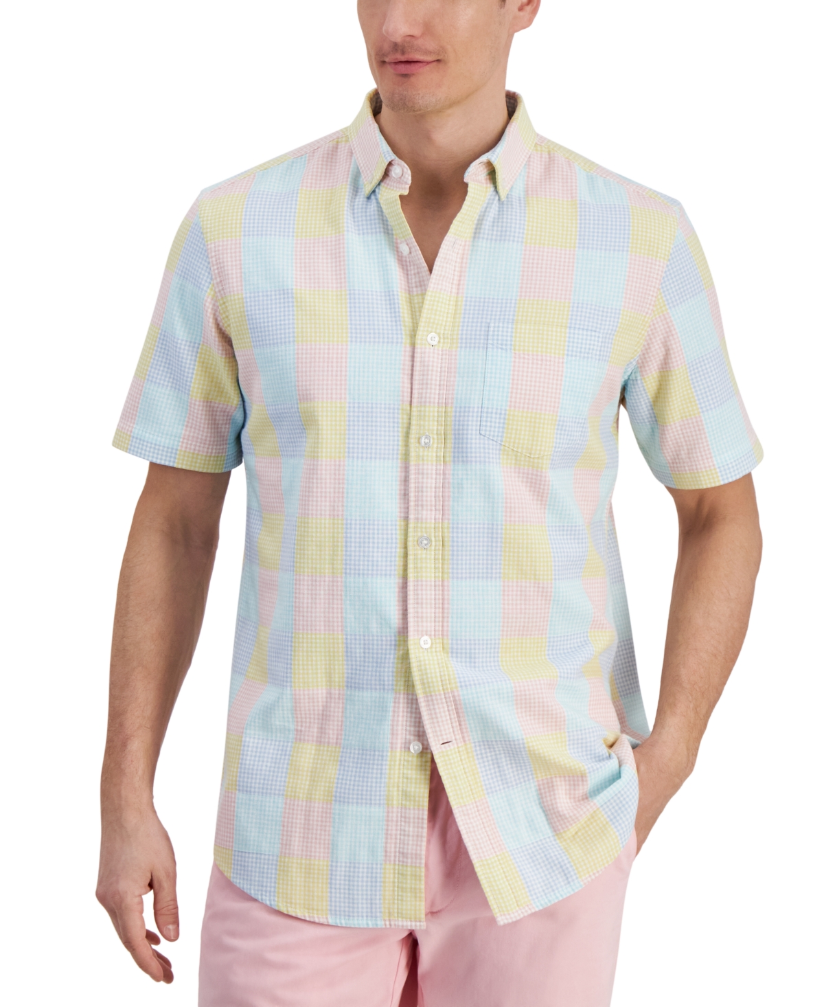 Men's Short Sleeve Button Front Madras Plaid Shirt, Created for Macy's - Multi