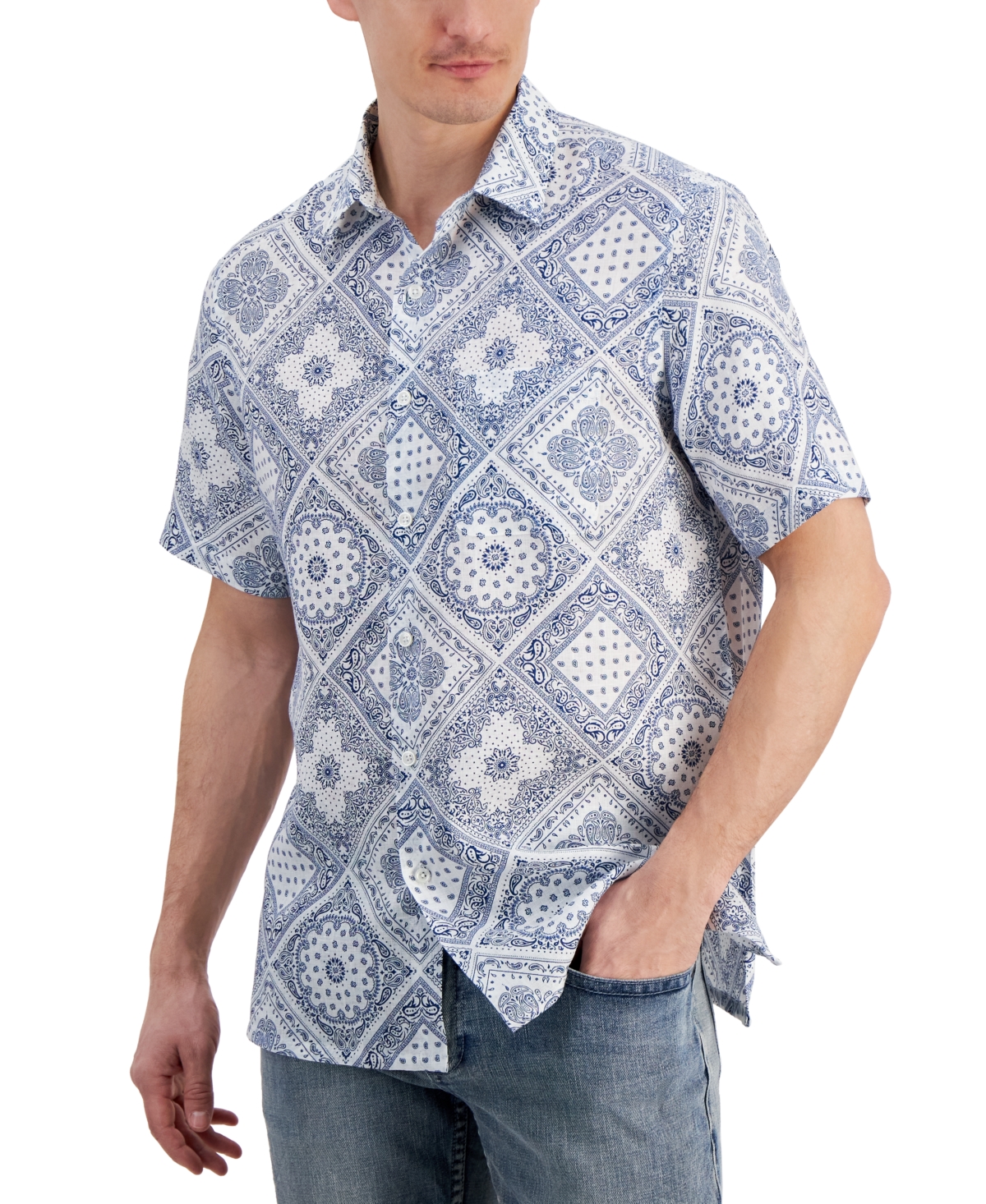 Men's Linen Bandana-Print Short-Sleeve Shirt, Created for Macy's - Navy Crush