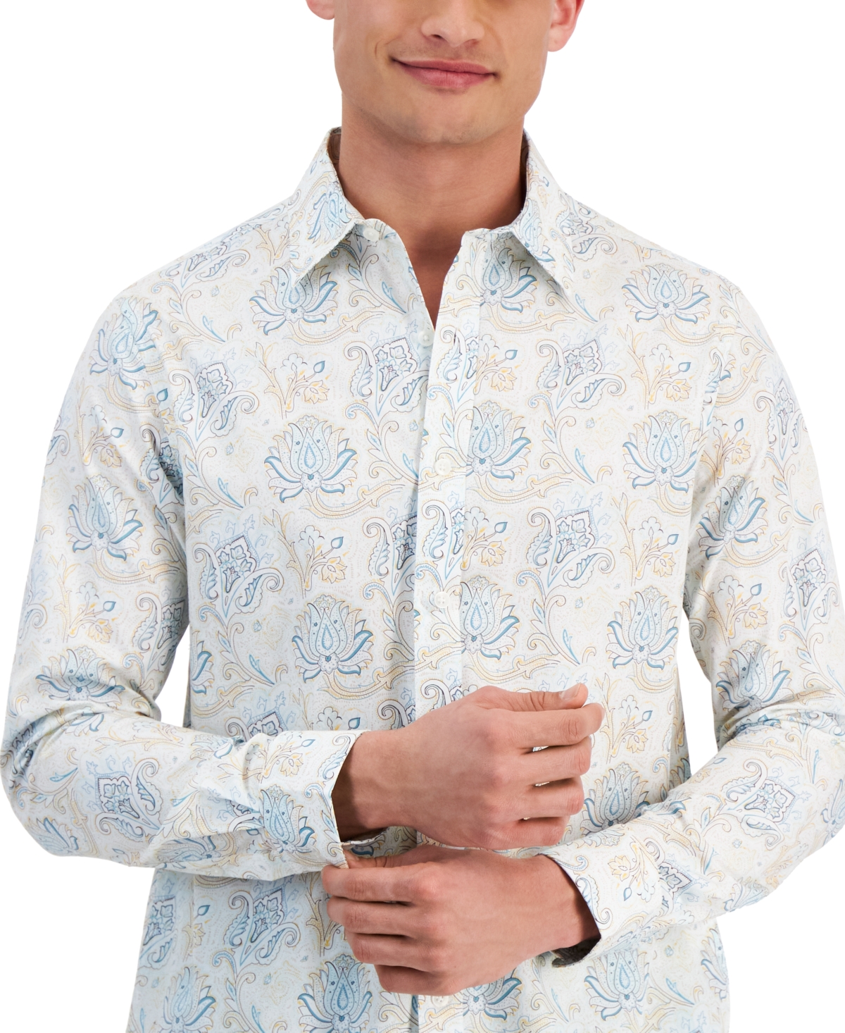 Shop Club Room Men's Folara Paisley-print Refined Cotton Shirt, Created For Macy's In Bright White