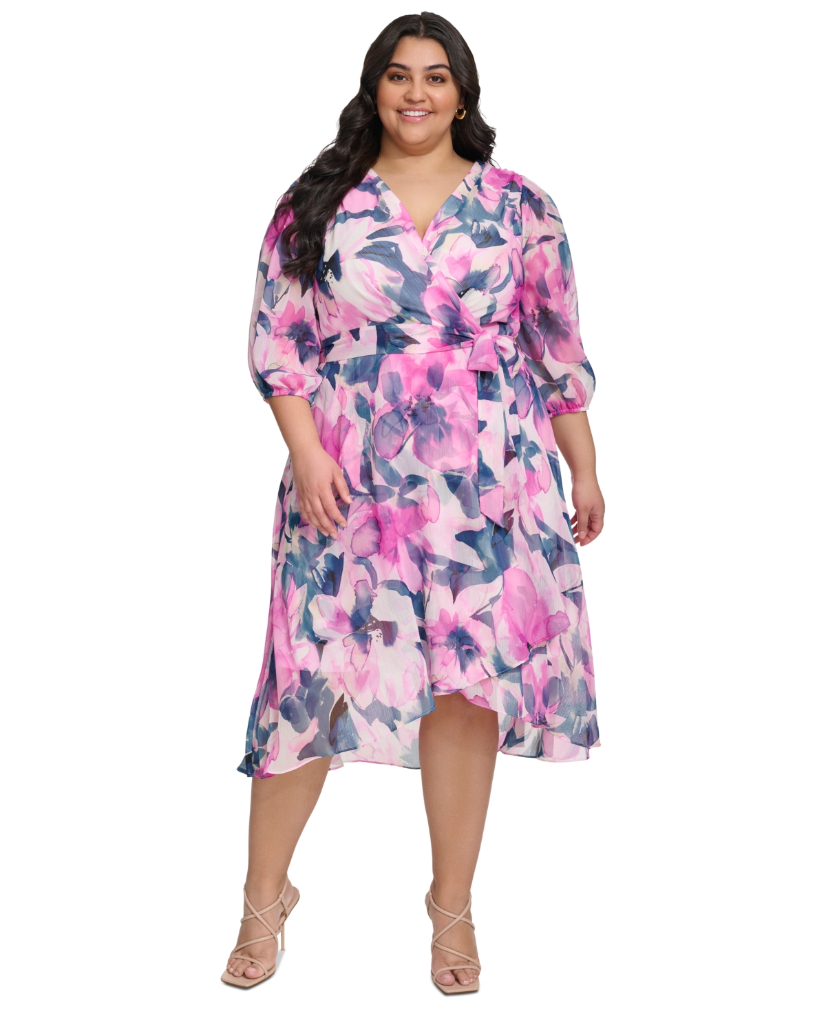 Plus Size Printed Blouson-Sleeve Faux-Wrap Dress - Power Pink Multi