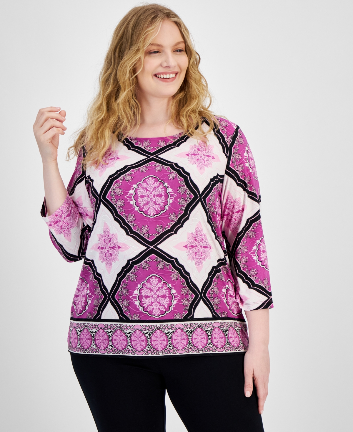 Jm Collection Plus Size Printed Jacquard 3/4-Sleeve Top, Created for Macy's