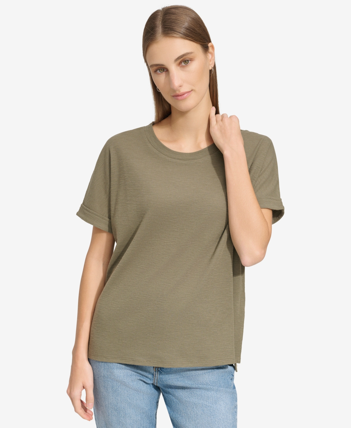 Shop Marc New York Andrew Marc Sport Women's High-low Waffle-knit Tee In Dusty Olive