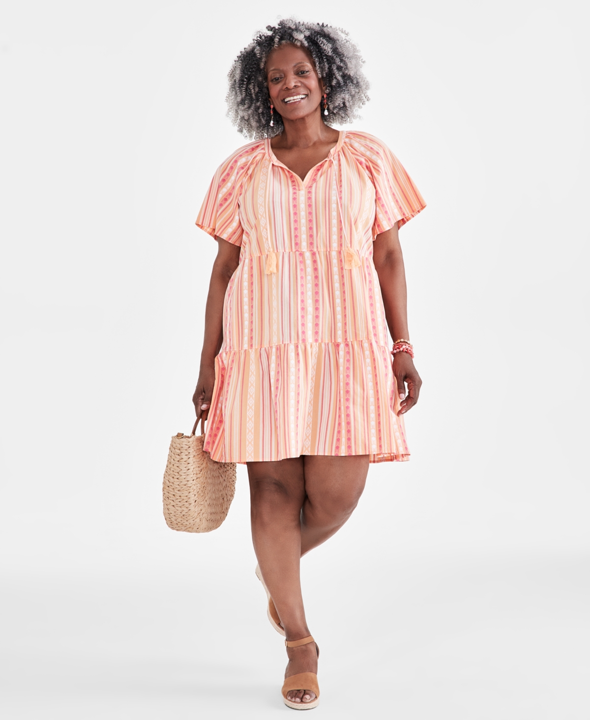 Style & Co Plus Size Printed Split-Neck Flutter-Sleeve Swing Dress, Created for Macy's