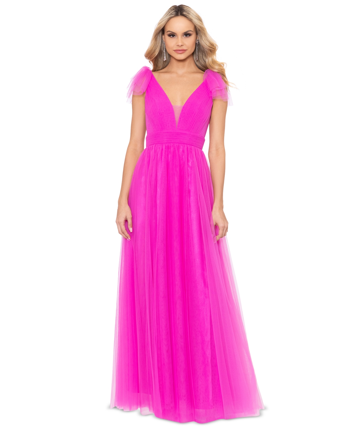 Betsy & Adam Women's V-neck Sleeveless Chiffon Gown In Hot Pink