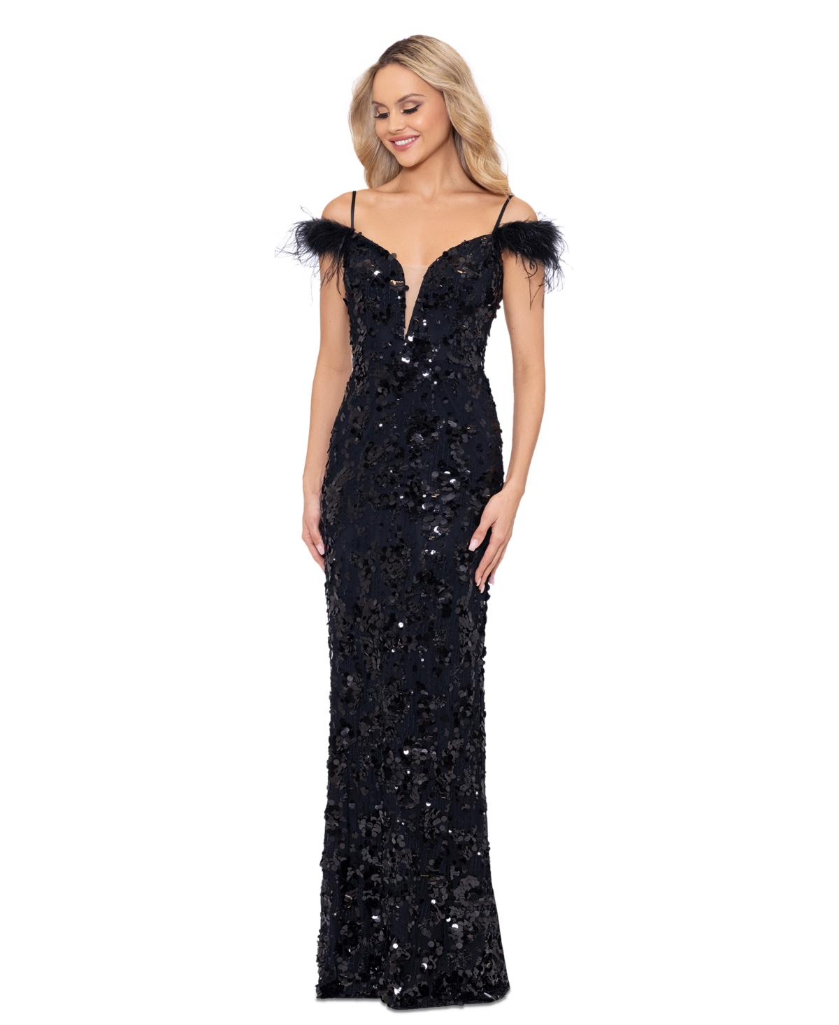 Shop Betsy & Adam Women's Sequined Feather-trim Gown In Black