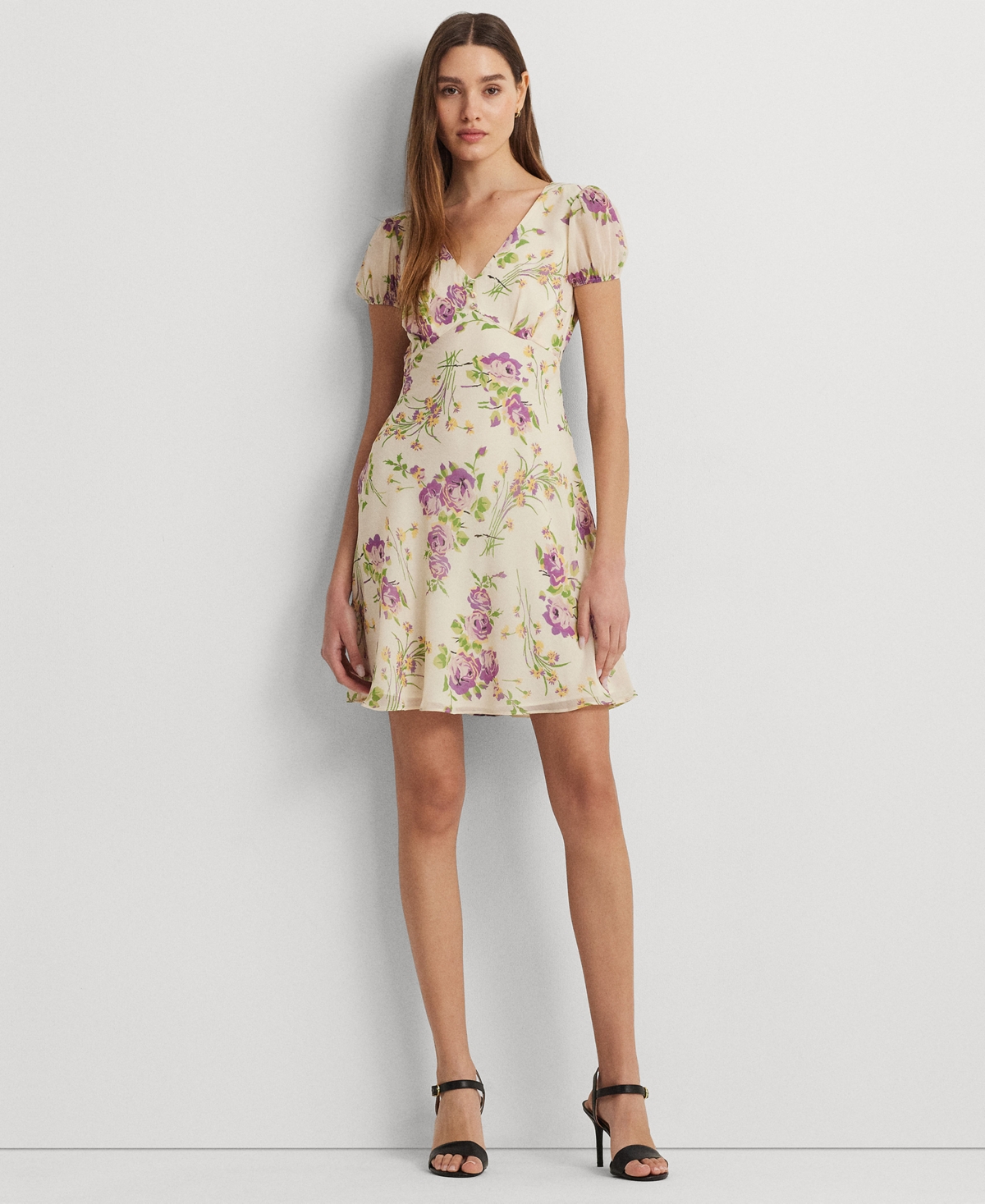 Lauren Ralph Lauren Women's Floral Georgette Puff-sleeve Dress In Cream Multi