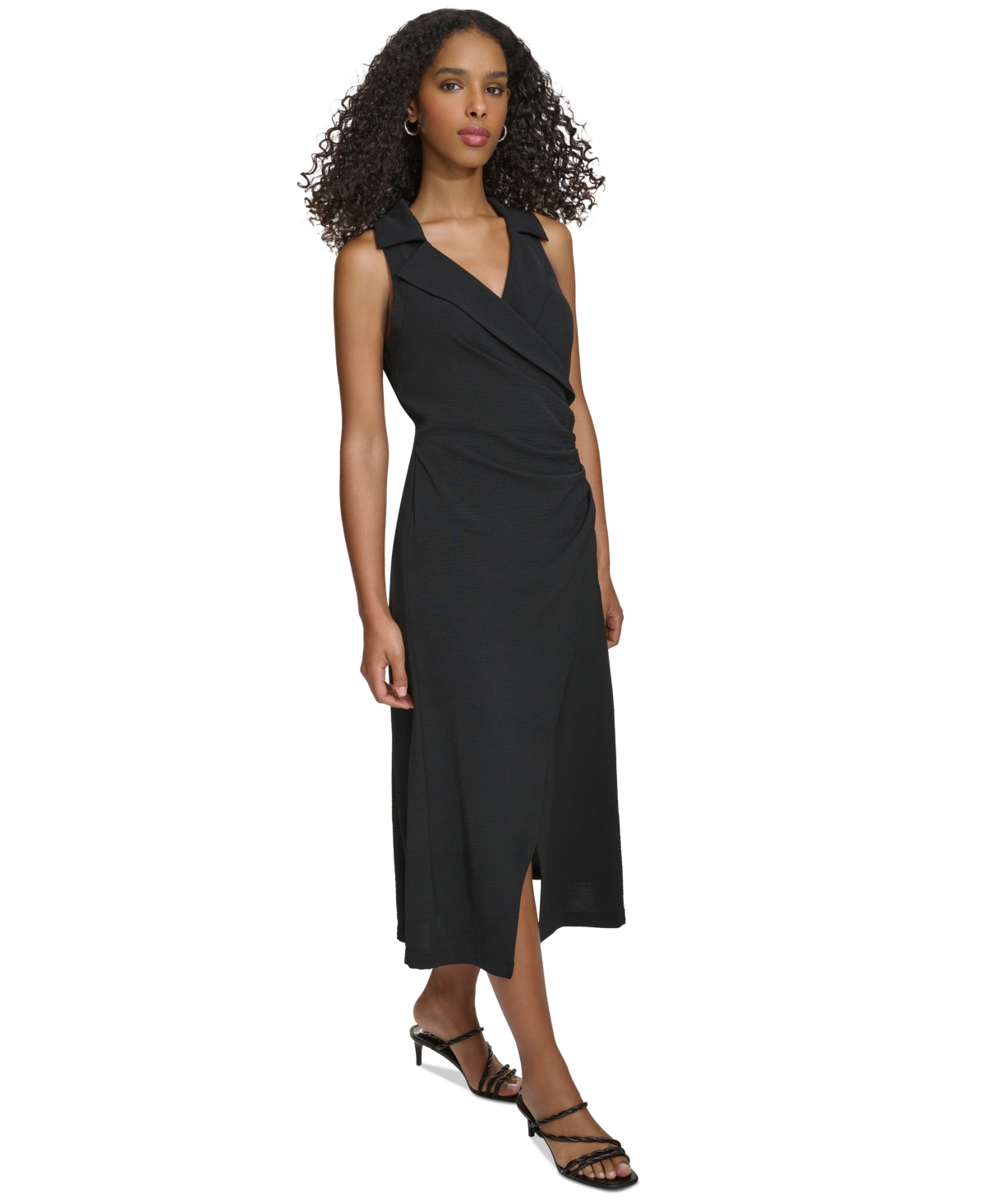 Shop Calvin Klein Women's V-neck Notched Collar Dress In Black